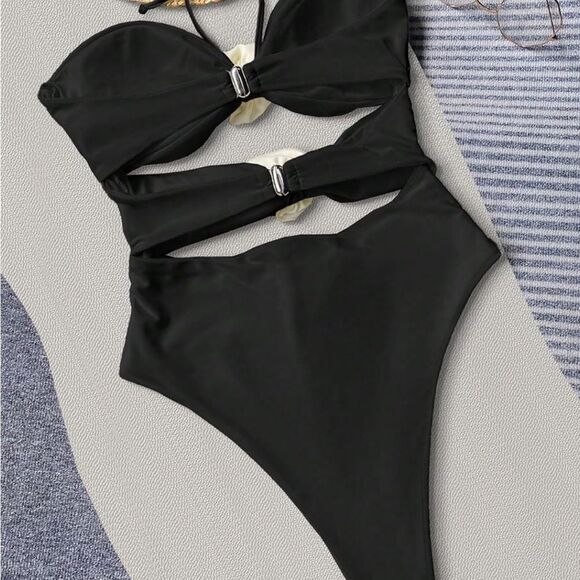 BEAUDRM Women's Halter Neck 3D Flower Decoration Sexy One-Piece Cut Out Swimsuit - Picture 7 of 7